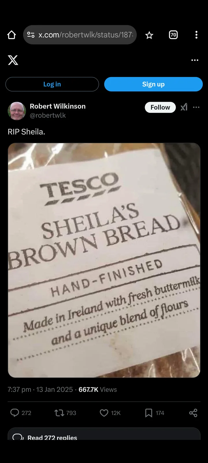A screenshot of an X post by Robert Wilkinson showing a close-up of a Tesco bread package labeled 'SHEILA'S BROWN BREAD'…