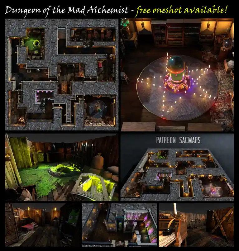 A collage of seven images showcasing a fantasy dungeon map with various rooms including an alchemy lab with a glowing orb on…