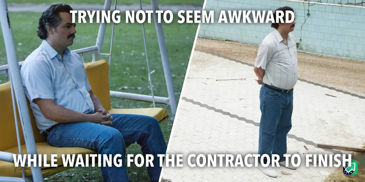 The image is split into two panels showing the same man in different poses. On the left, he sits stiffly on a yellow swing…