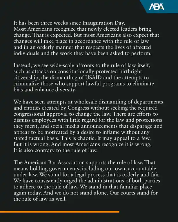 A black background with white text from the American Bar Association (ABA) detailing concerns about changes to U.S. policy…