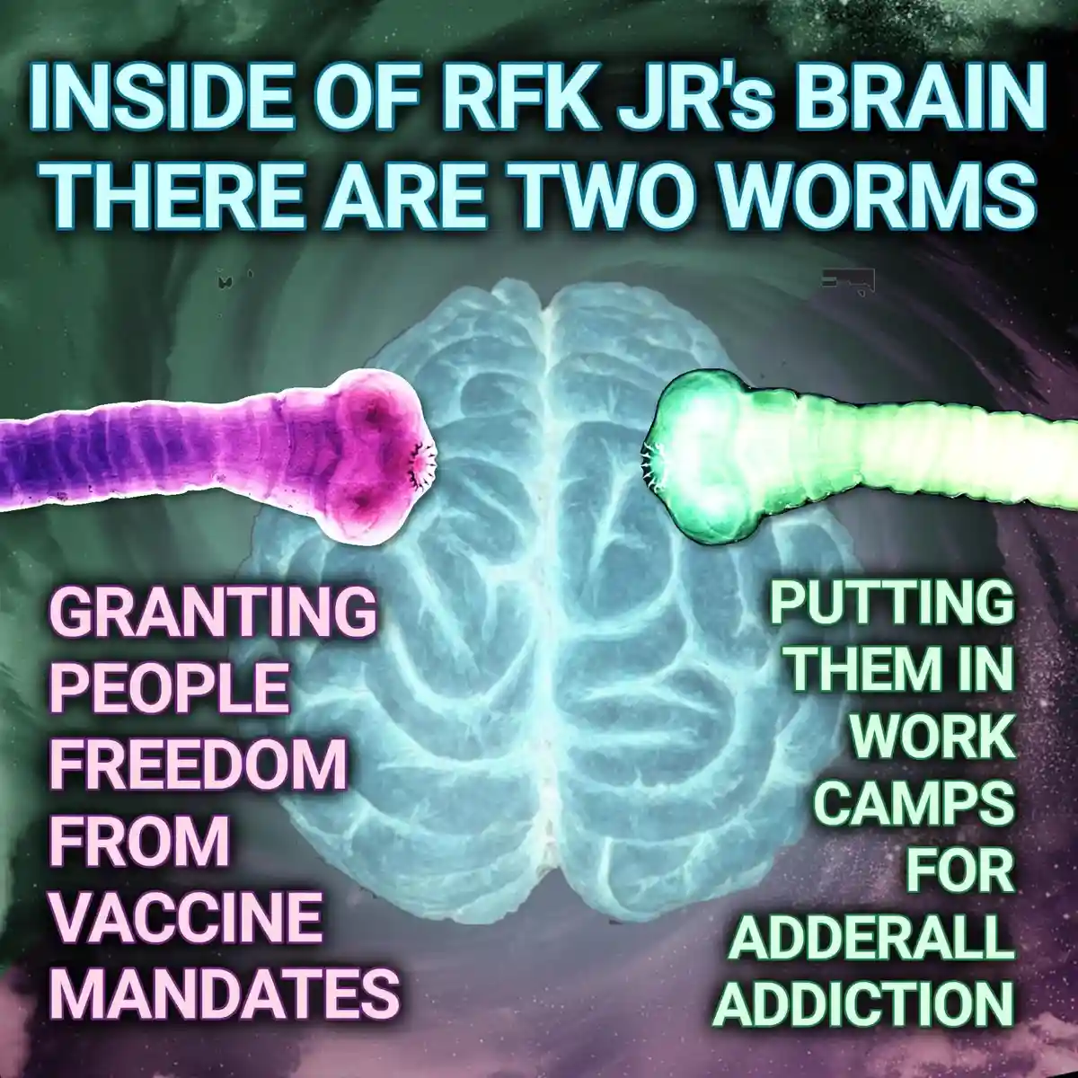 The image displays a glowing blue brain with two cartoonish worms—one purple and one green—inside it. The purple worm is…