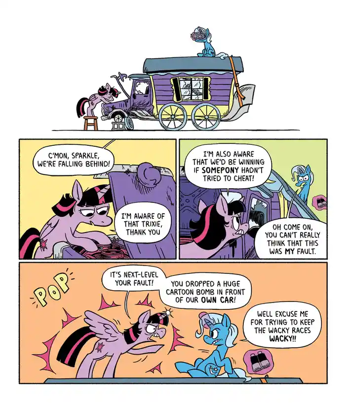 A comic strip from 'My Little Pony: Friendship is Magic' shows Twilight Sparkle and Trixie Lulamoon arguing in a race…