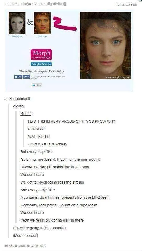 The image shows a screenshot of a Facebook post featuring a morphed image of Lorde and Elijah Wood, with the text 'I DID…