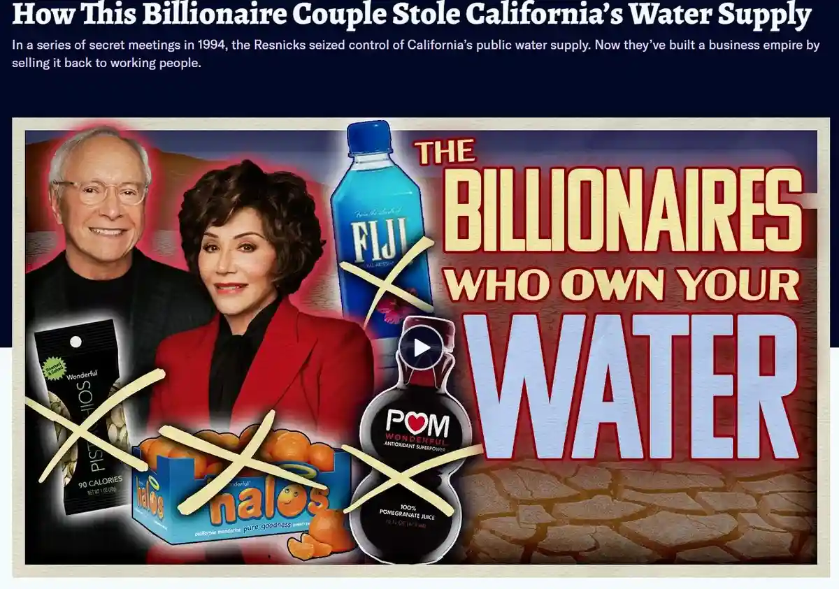 An image shows a man and woman, identified as the Resnicks, with several of their branded products — including Fiji water…