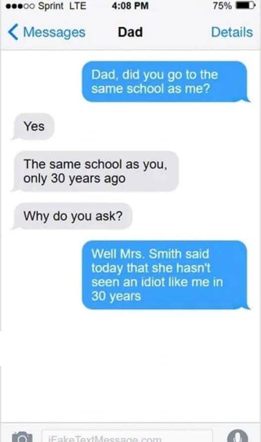 A screenshot of a text message conversation between a child and their dad, showing the child asking if dad went to the same…