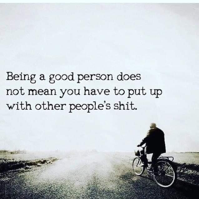 A person rides a bicycle down a desolate, foggy road, seen from behind, with the text 'Being a good person does not mean you…