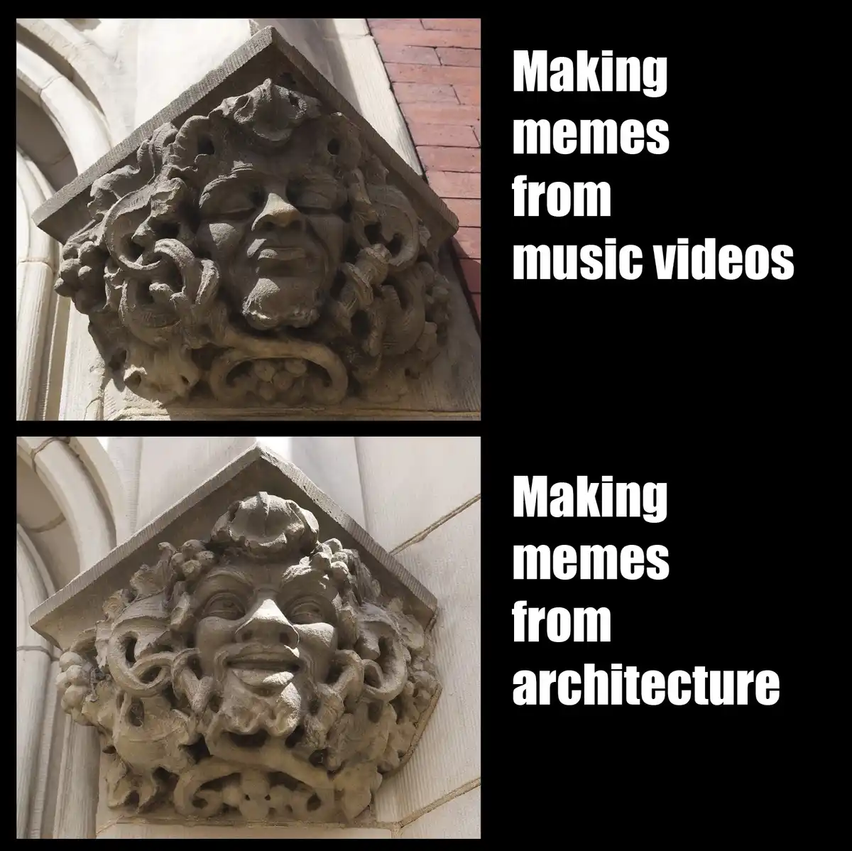 The image displays two photos of a stone gargoyle or grotesque architectural carving, one with closed eyes and a serene…