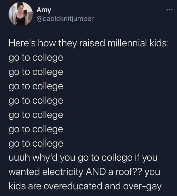 A screenshot of a tweet by Amy (@cableknitjumper) with white text on a dark background. The tweet humorously lists 'go to…