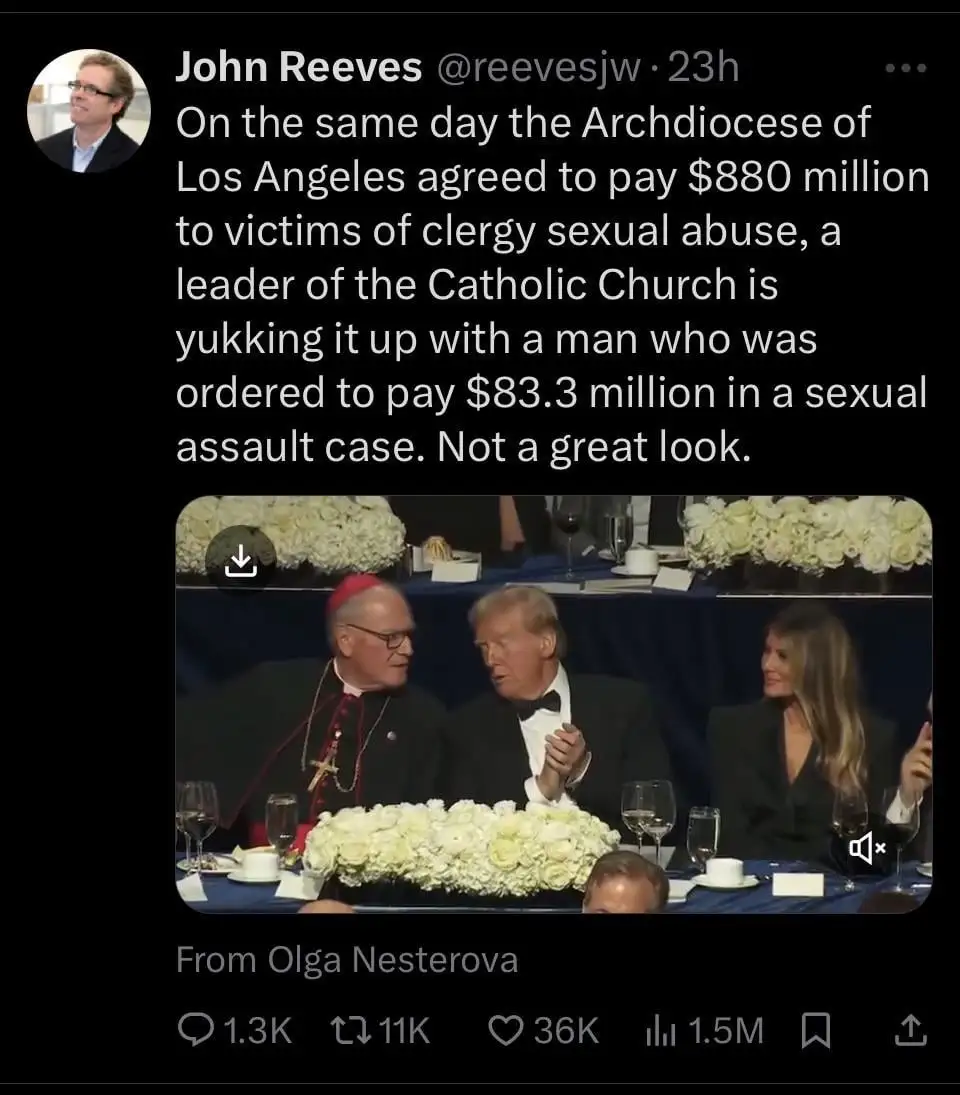 A screenshot of a tweet by John Reeves shows a photo of a Catholic cardinal in red vestments and a black suit sitting at a…
