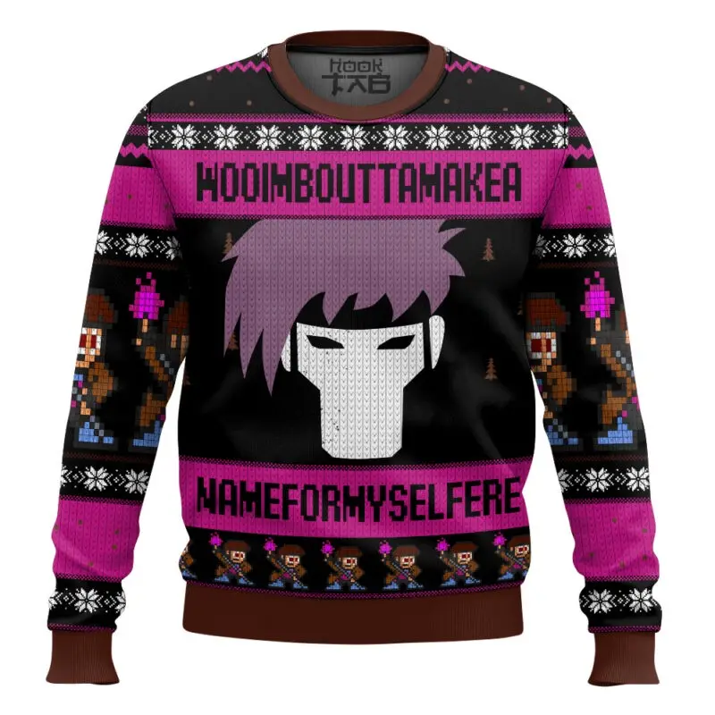 A black and pink ugly Christmas sweater features a pixelated character with purple hair and a white mask. The text…