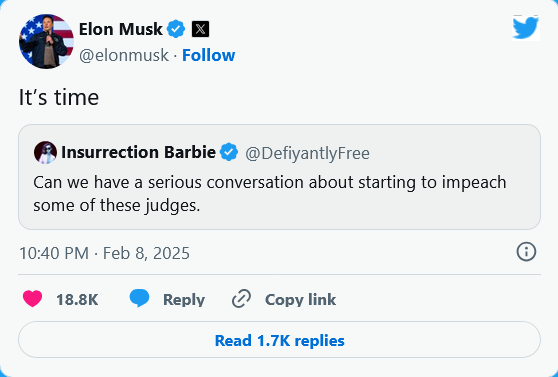 A screenshot of a Twitter thread shows Elon Musk's tweet saying 'It's time' above a reply from 'Insurrection Barbie' asking…