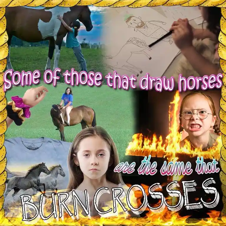 A collage of images featuring children interacting with horses, drawing horses, and wearing horse-themed shirts, juxtaposed…