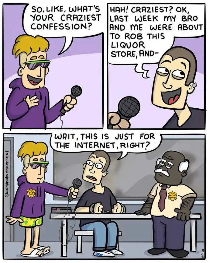 A three-panel comic strip shows a host with a microphone asking a guest for their 'craziest confession.' The guest excitedly…