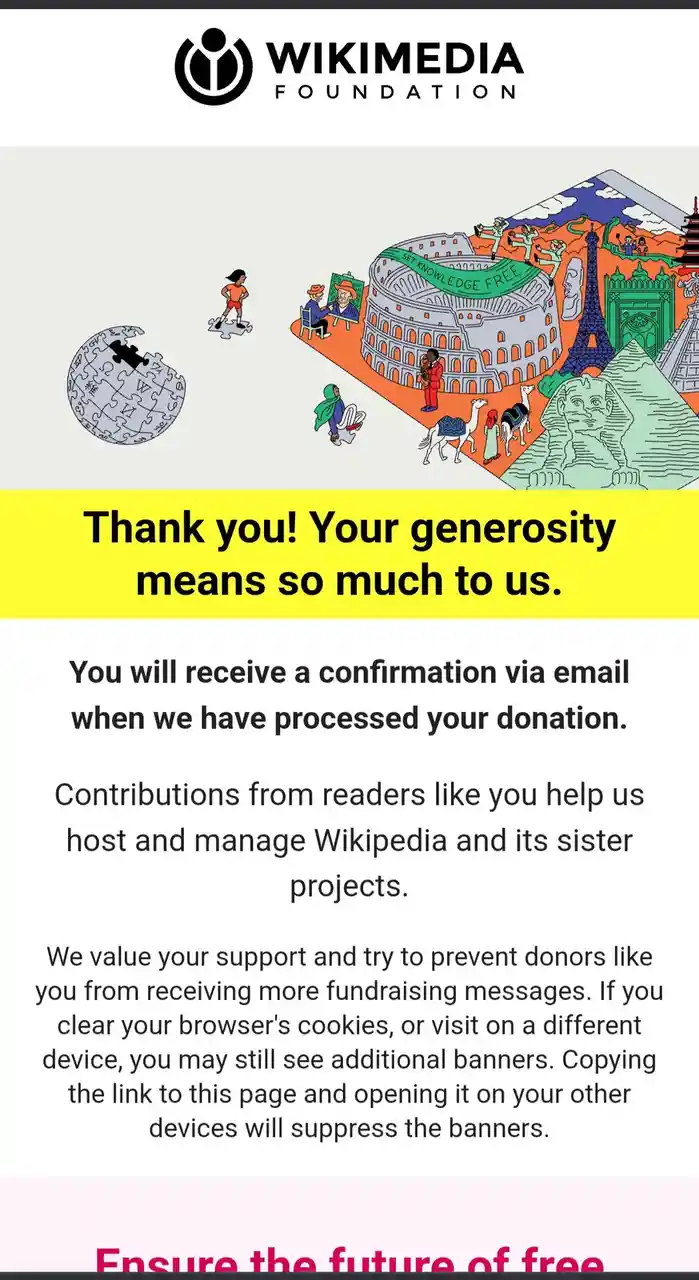 The image displays a Wikimedia Foundation donation confirmation page. It features a colorful illustration of global…