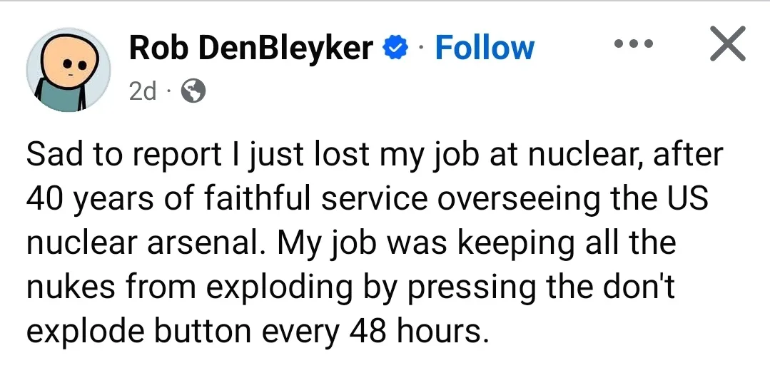 A screenshot of a social media post by Rob DenBleyker showing a text message that reads: 'Sad to report I just lost my job…
