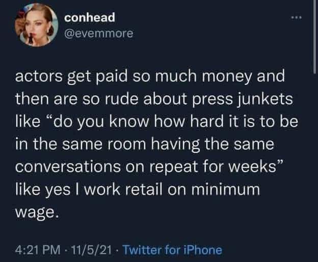 A screenshot of a tweet from user @evemmore, posted on Twitter for iPhone on 11/5/21, showing a dark blue background with…