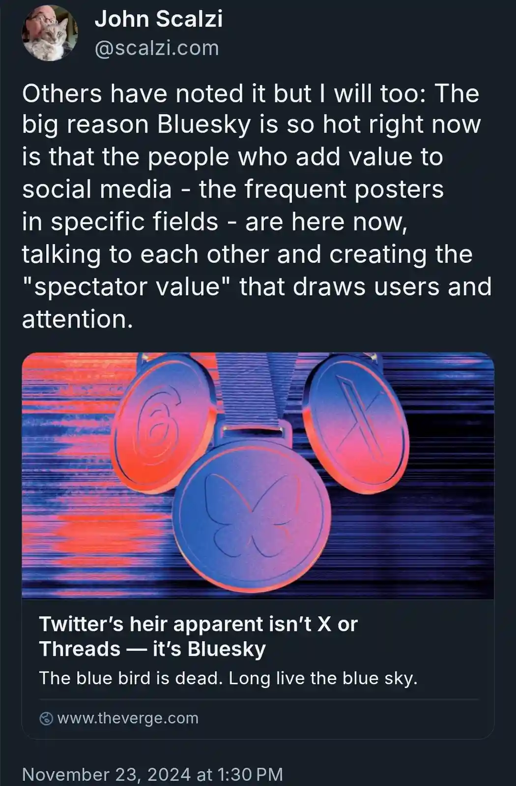 A screenshot of a tweet by John Scalzi discussing Bluesky's rise, overlaid with an image of three medals featuring the logos…