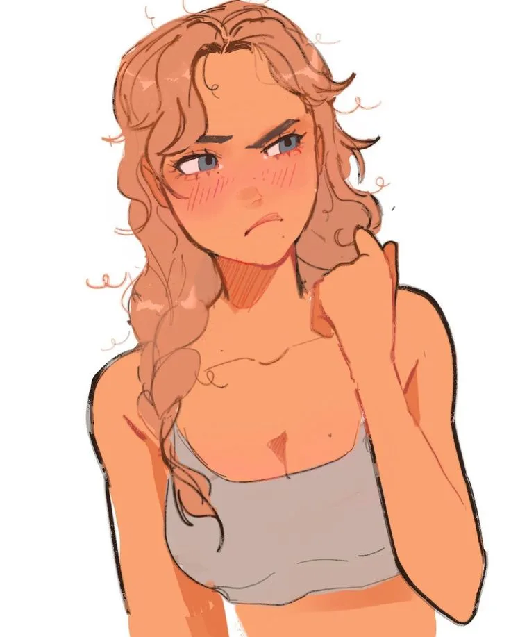 An anime-style illustration of a young woman with curly brown hair in a braid, wearing a grey tank top, looking annoyed and…