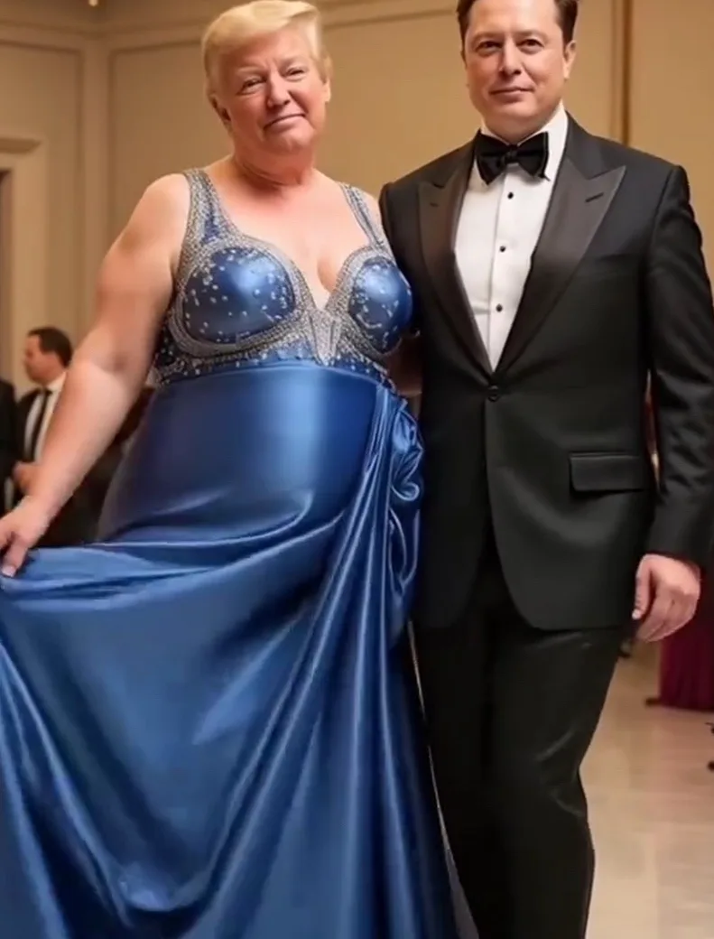 A man and a woman pose together at a formal event. The woman wears a blue satin gown with a heavily embellished, structured…