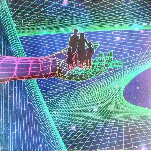 A family of four silhouettes stands on a large, glowing, wireframe hand emerging from a cosmic, grid-patterned background…