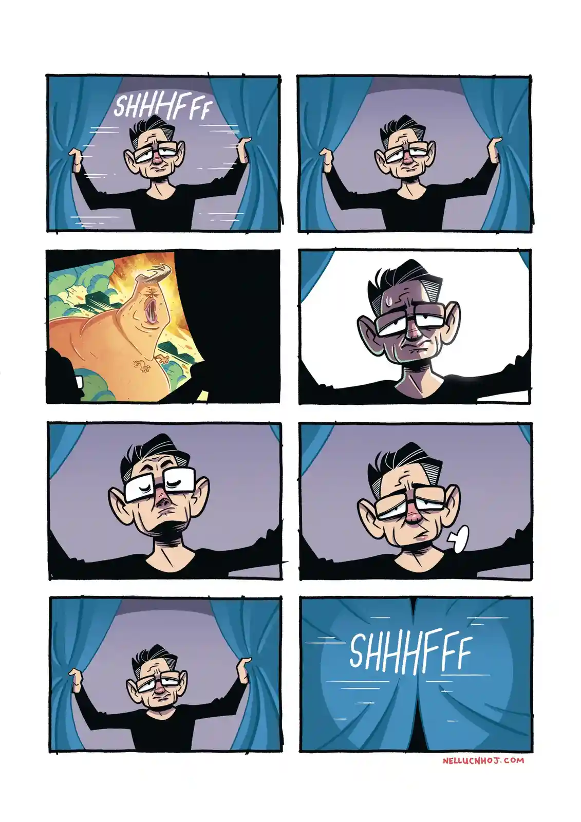 A six-panel comic strip shows a man in glasses pulling back curtains to reveal a cartoonish, screaming pig in a fiery scene…