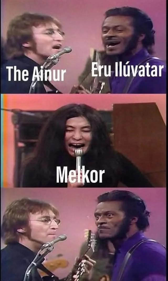A three-panel image shows John Lennon and another man singing joyfully in the top panel, labeled 'The Ainur' and 'Eru…