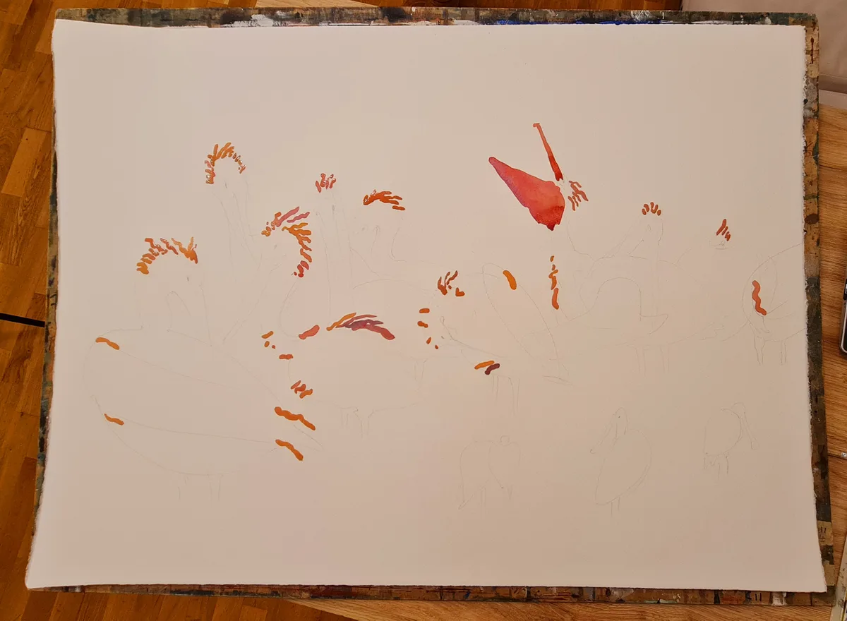 A large white canvas on an artist's board shows faint pencil sketches of various figures, mostly birds or abstract shapes…