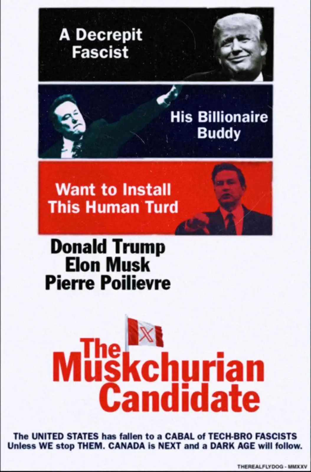 A vertically stacked political meme image features three men: Donald Trump labeled 'A Decrepit Fascist,' Elon Musk labeled…