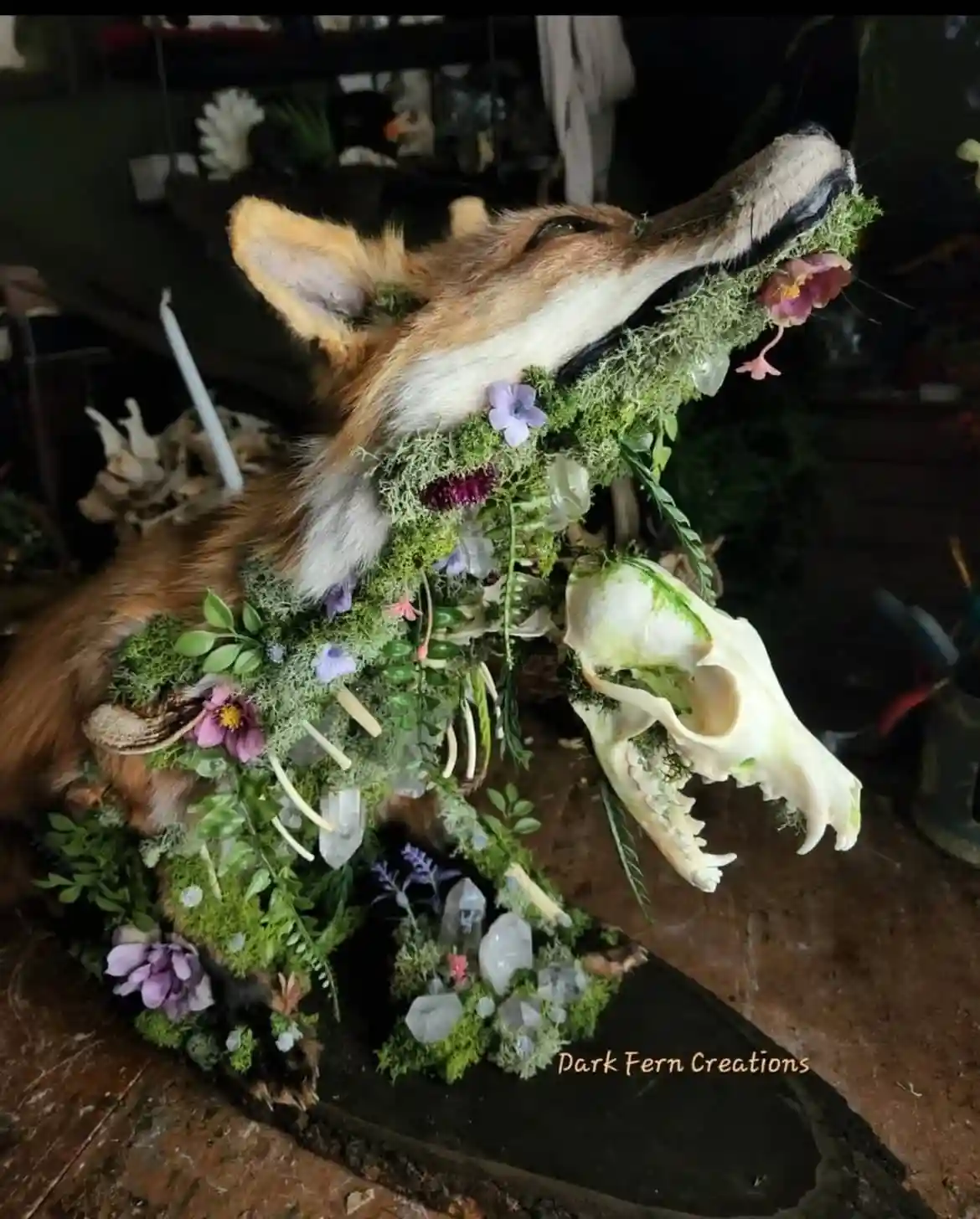 A taxidermied fox head is adorned with moss, purple and pink flowers, greenery, and clear crystals, with a small animal…