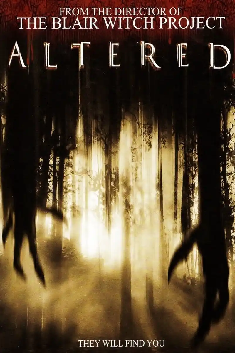 A movie poster for 'Altered' features a dark, misty forest with eerie, shadowy figures looming on either side. The text at…