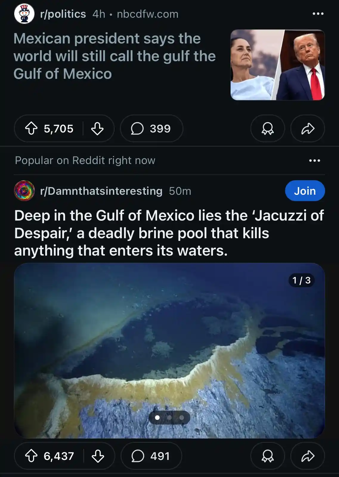 The image shows a screenshot of a Reddit post from r/Damnthatinteresting featuring an underwater photo of a brine pool…