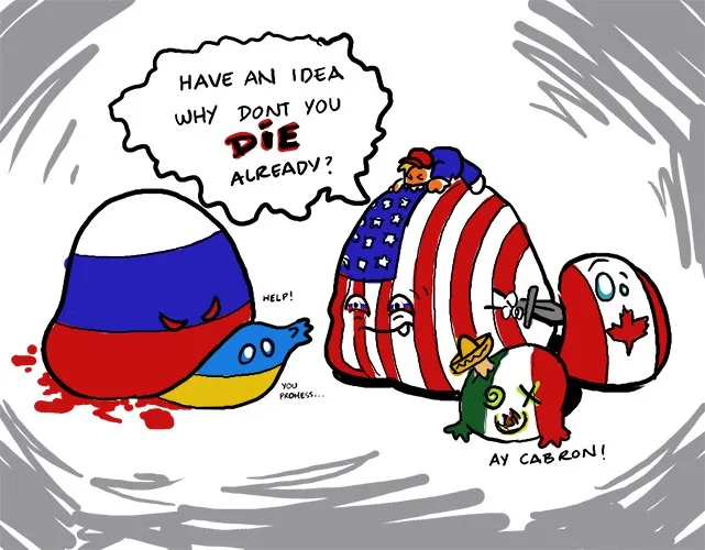 A cartoon depicts a Russian character bleeding on the ground, a U.S. character with a small figure on top, and a Mexican…