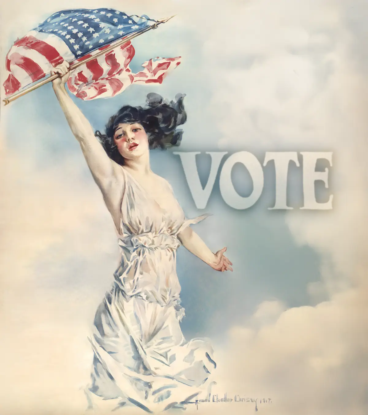 A vintage 1917 American suffrage poster by Howard Chandler Christy depicts a woman in a flowing white gown holding an…