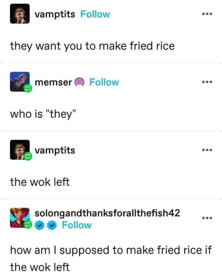 A screenshot of a social media comment thread shows a user named 'vamptits' stating 'they want you to make fried rice'…