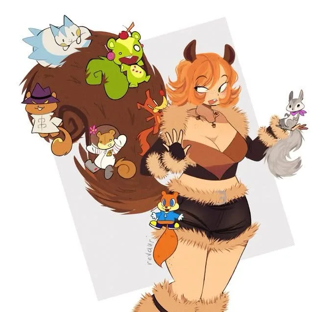 A stylized illustration of a voluptuous anthropomorphic female squirrel with orange hair and a large bushy tail, wearing a…
