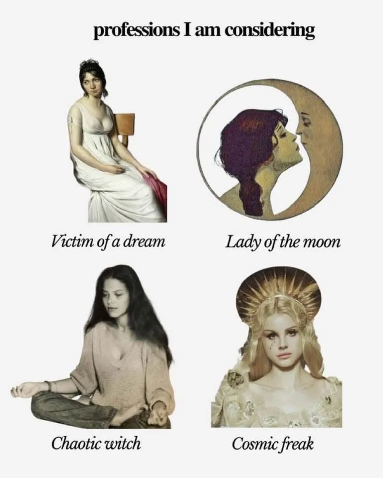 The image displays four distinct artistic portraits arranged in a grid under the heading 'professions I am considering'. The…