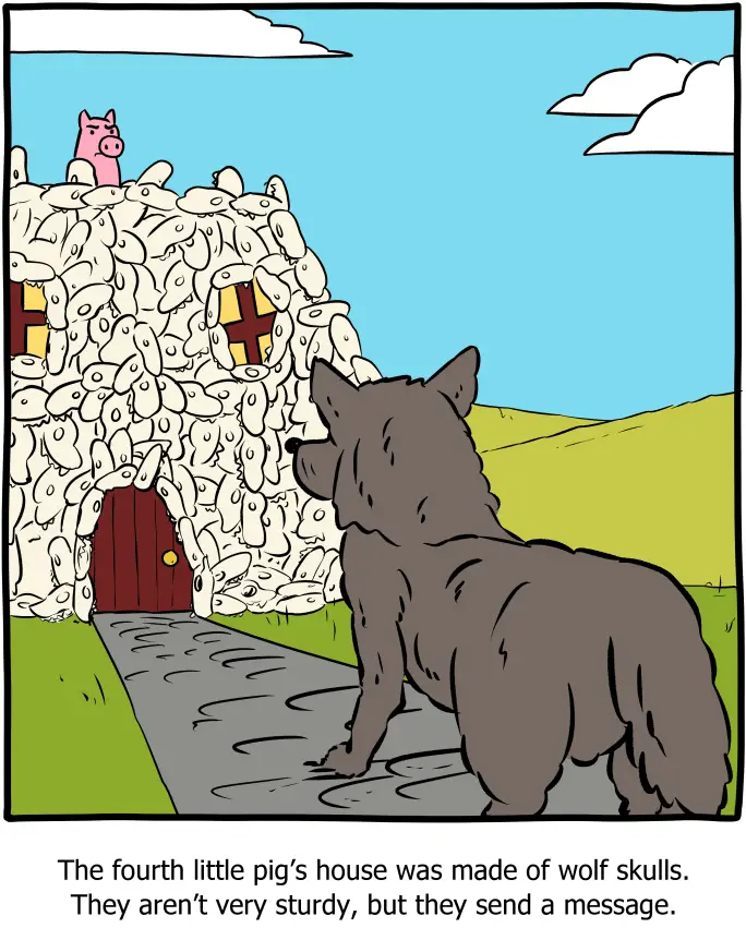 A cartoon wolf stands on a path looking at a house made entirely of wolf skulls, with a pink pig peeking out from the top…