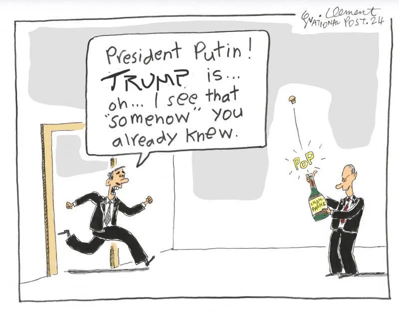 A cartoon shows a man in a suit running out of a doorway while another man in a suit pops a bottle of champagne. The runner…