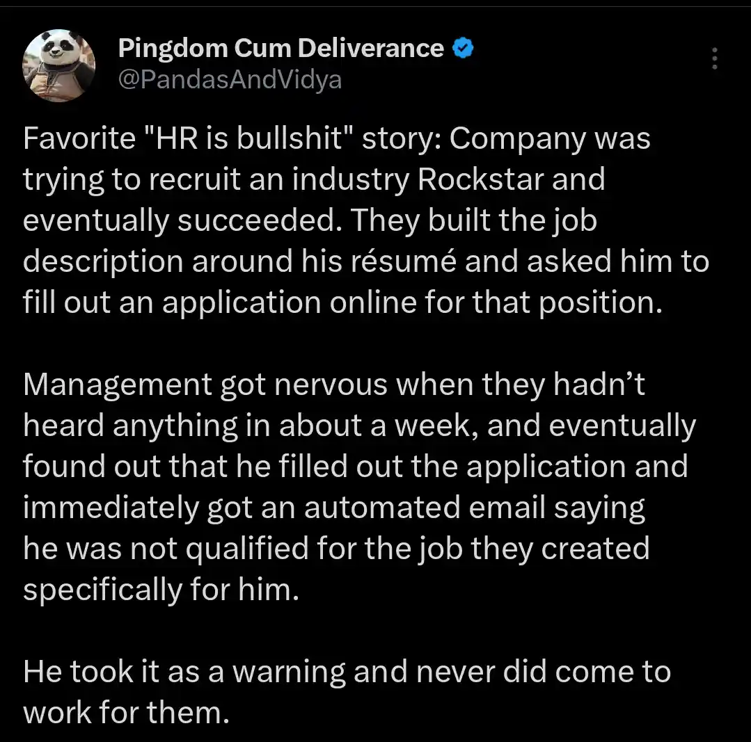 A screenshot of a tweet from 'Pingdom Cum Deliverance' (@PandasAndVidya) with a black background and white text. The tweet…