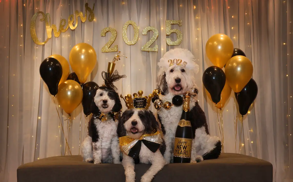 Three fluffy dogs dressed in New Year's Eve party attire sit on a couch in front of a backdrop with glittery gold 'Cheers…