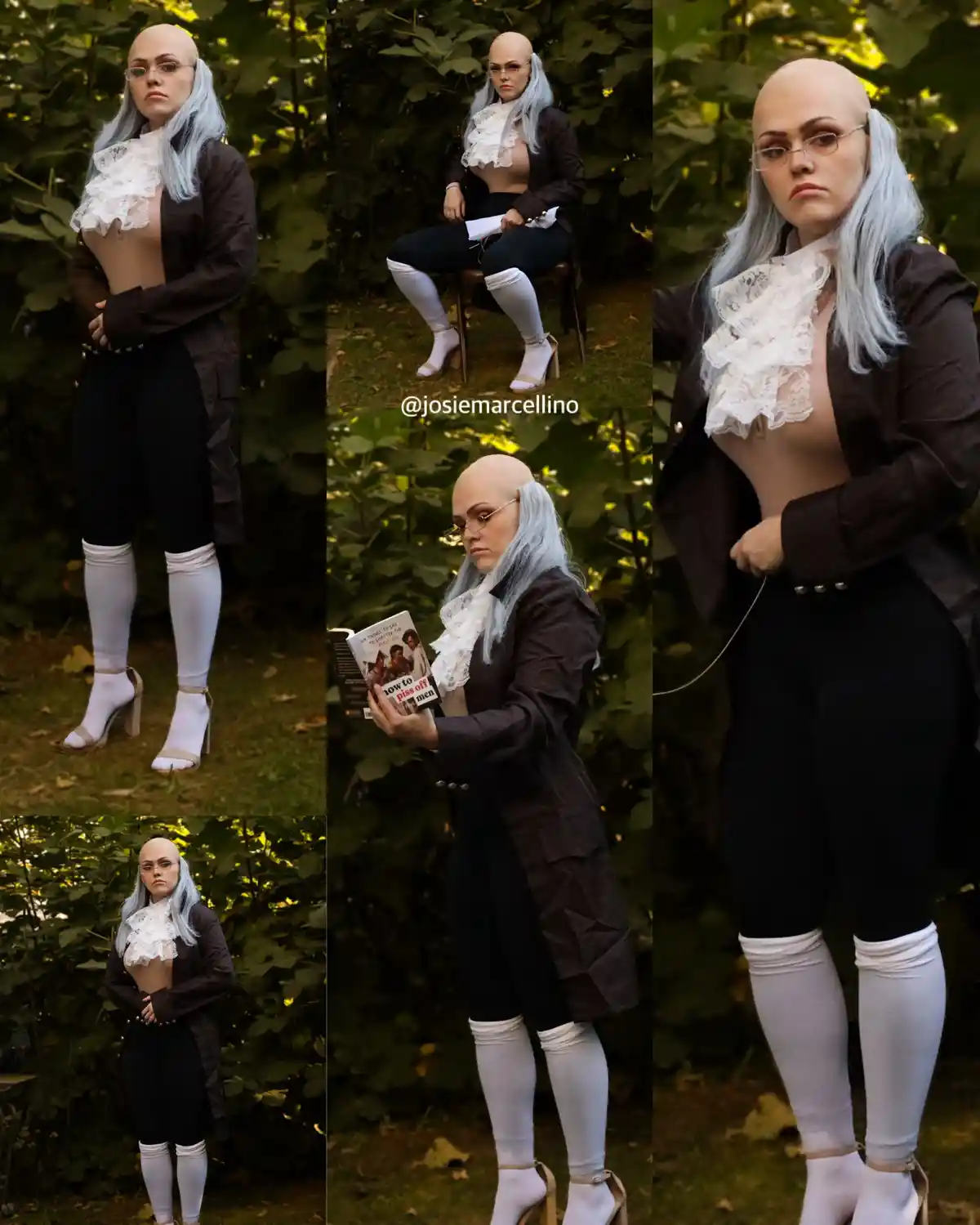 A person with a shaved head, light blue wig, glasses, and a black coat with a white lace cravat poses in various ways…