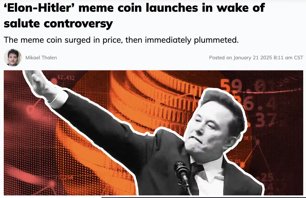 A black-and-white image of Elon Musk with his right arm raised in a salute, superimposed on a red-tinted background of…