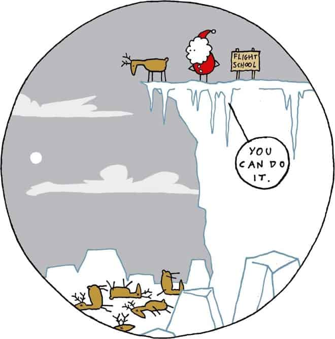 A cartoon depicts Santa Claus and a reindeer standing on the edge of a cliff labeled 'FLIGHT SCHOOL', looking down at…