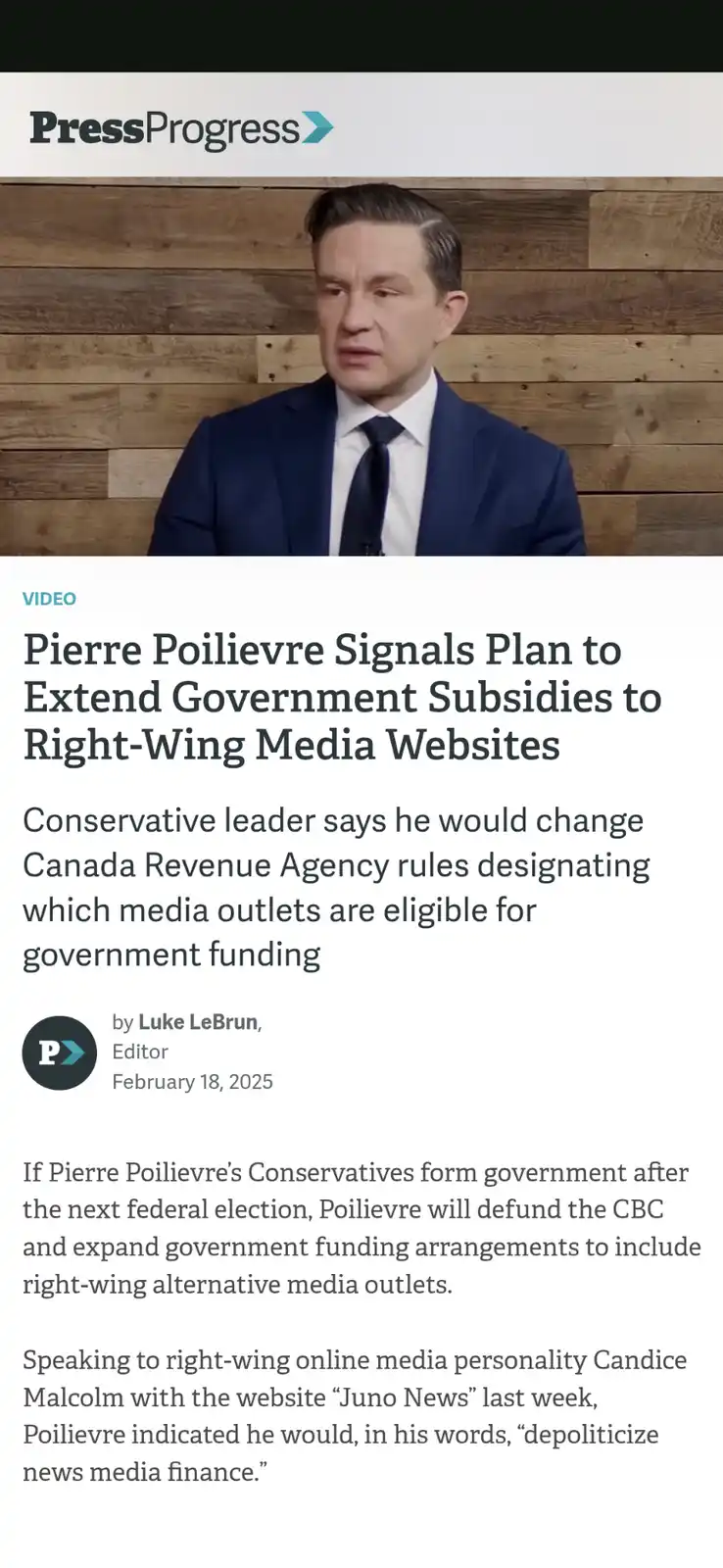 A screenshot of a PressProgress news article featuring Pierre Poilievre in a suit against a wooden wall, with the headline…