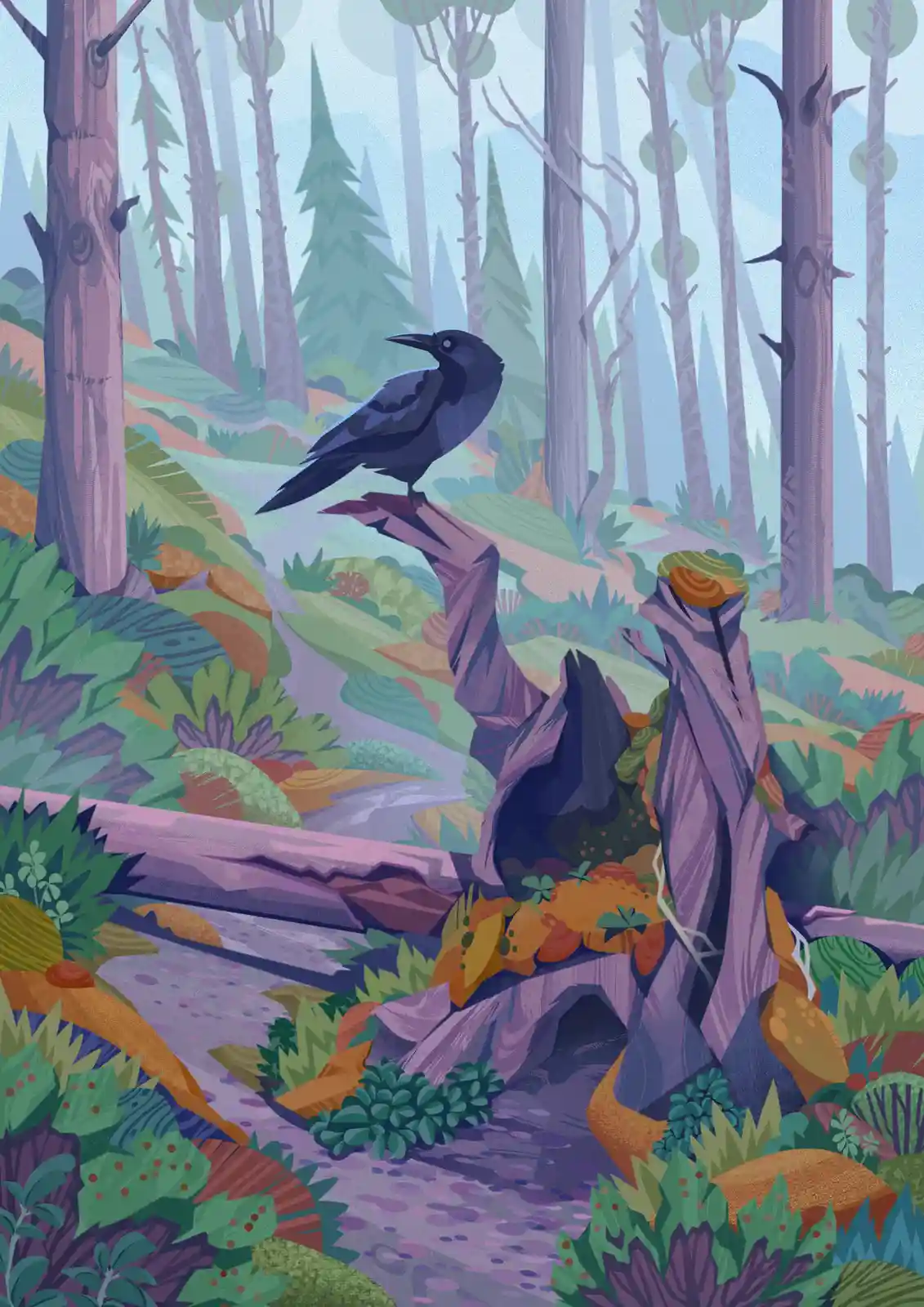 A stylized illustration depicts a black crow perched on a purple tree stump in a vibrant, painterly forest with purple…