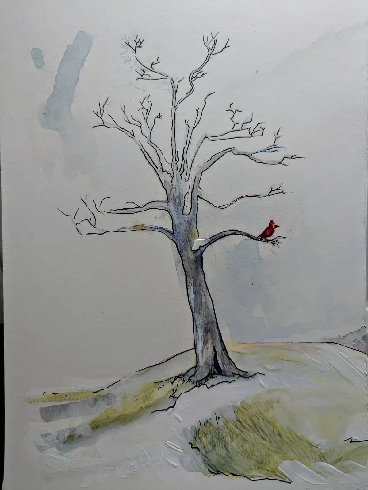 A watercolor painting depicts a solitary, leafless tree with a bright red cardinal perched on one of its branches, set…