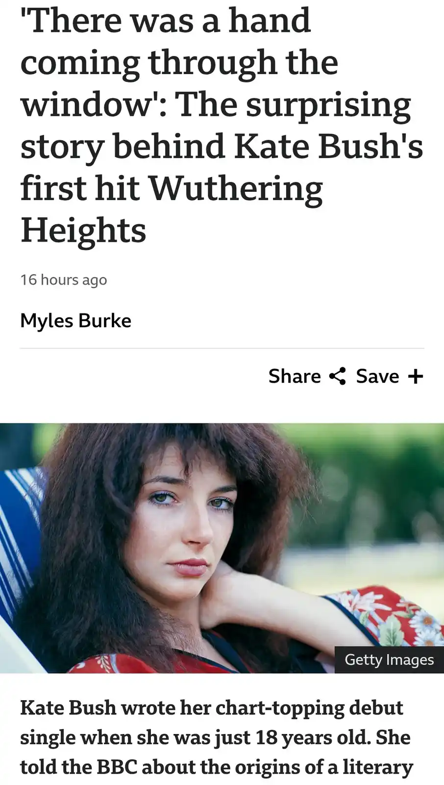 A screenshot of a news article about Kate Bush's debut single 'Wuthering Heights,' featuring a photo of the artist looking…