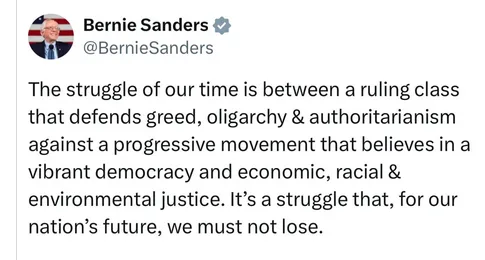 A screenshot of a tweet from Bernie Sanders' official Twitter account showing his profile picture and a long text message…