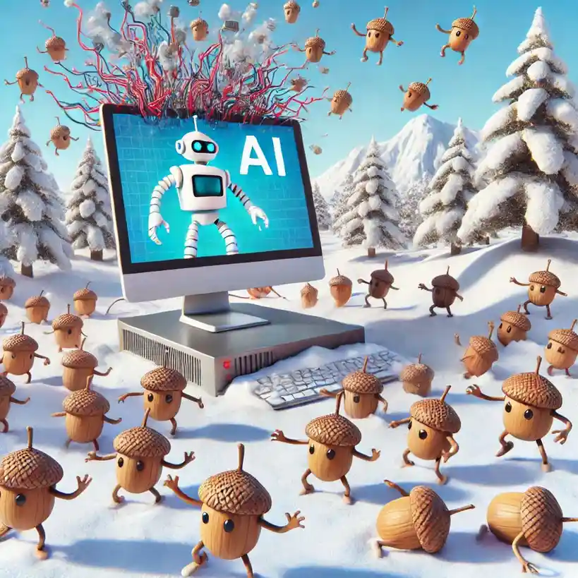 A computer monitor in a snowy landscape displays a white robot with glowing blue eyes and the letters 'AI' on its screen…