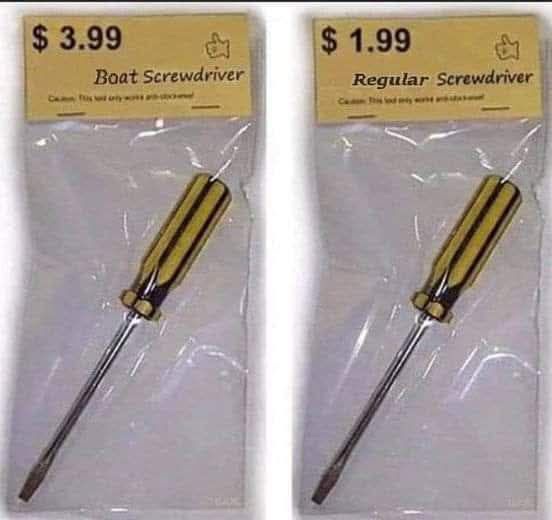 Two identical-looking screwdrivers in plastic packaging are displayed side-by-side. The left one is labeled 'Boat…